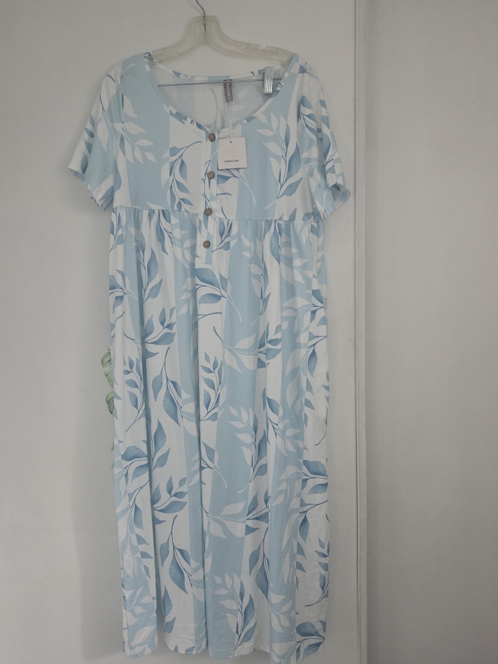 Light Blue Leaf Print Maxi Dress with Buttons